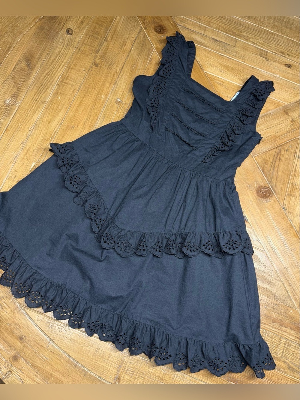 Mayoral Girls Black Cotton Eyelet Tiered Dress Open V-Back Size 14